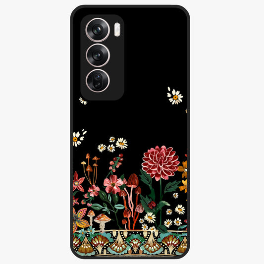 Midnight Bloom Pattern Glass Case showing flat back view with dark floral pattern artwork and glossy glass finish.