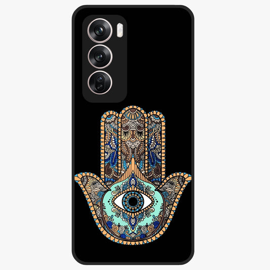 Mystic Hamsa Eye Glass Case showing flat back view with protective hamsa hand and evil eye artwork and glossy glass finish.