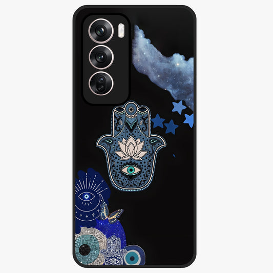 Mystic Hand Aura Glass Case showing flat back view with mystical hand symbol artwork and glossy glass finish.