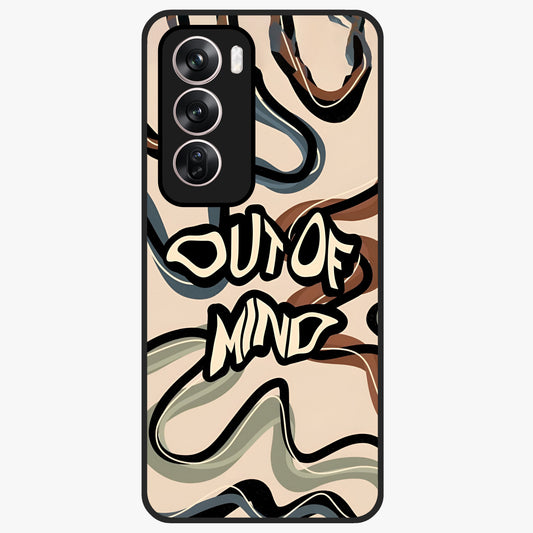 Out Of Mind Glass Case showing flat back view with expressive typography artwork and glossy glass finish.