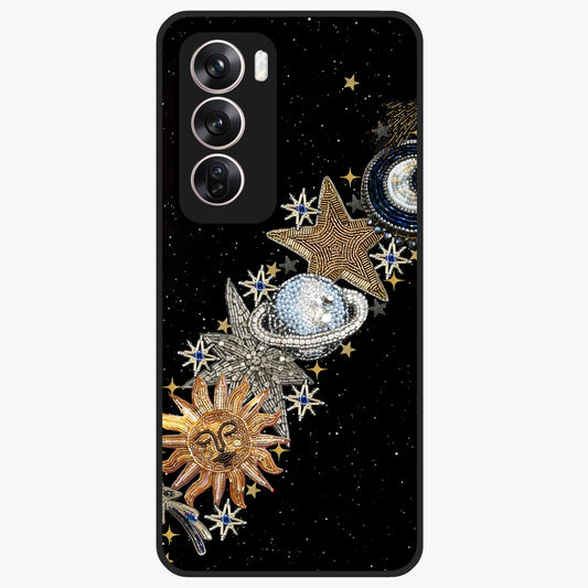 Pearls Universe Object Glass Case showing flat back view with pearl inspired cosmic artwork and glossy glass finish.