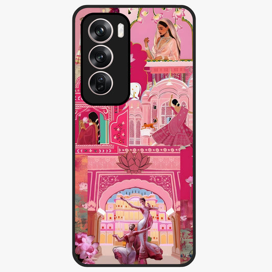 Pink Palace Muse Glass Case showing flat back view with elegant palace inspired artwork and glossy glass finish.