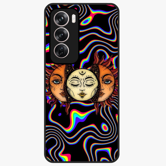 Psychedelic Sun Glass Case showing flat back view with colorful psychedelic sun artwork and glossy glass finish.