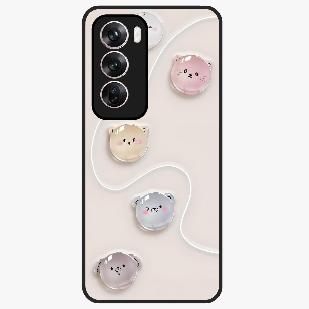Puffy Face Parade Glass Case showing flat back view with cute puffy character faces artwork and glossy glass finish.