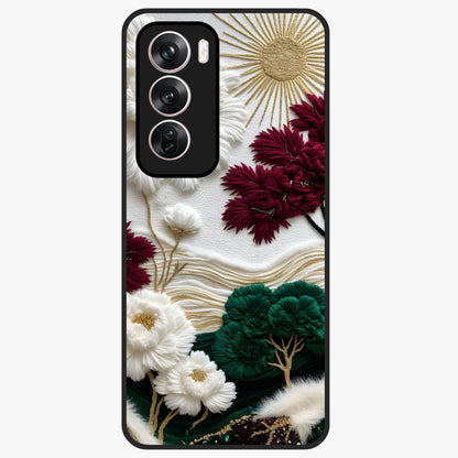 Radiant Bloom Elegance Glass Case showing flat back view with elegant blooming flower artwork and glossy glass finish.
