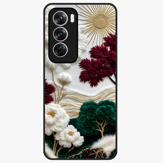 Radiant Bloom Elegance Glass Case showing flat back view with elegant blooming flower artwork and glossy glass finish.