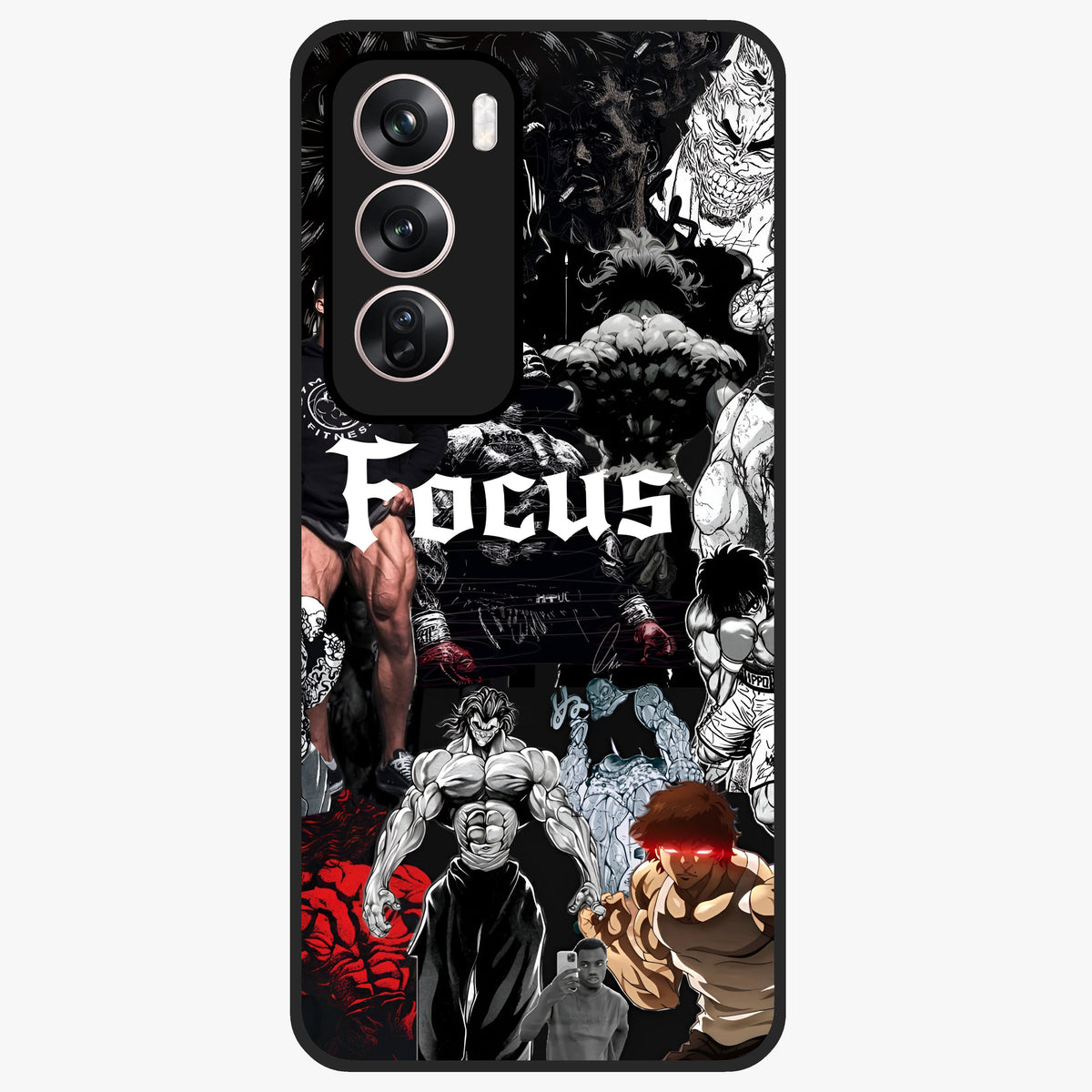 Relentless Power Focus Glass Case showing flat back view with motivational typography artwork and glossy glass finish.