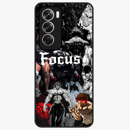 Relentless Power Focus Glass Case showing flat back view with motivational typography artwork and glossy glass finish.
