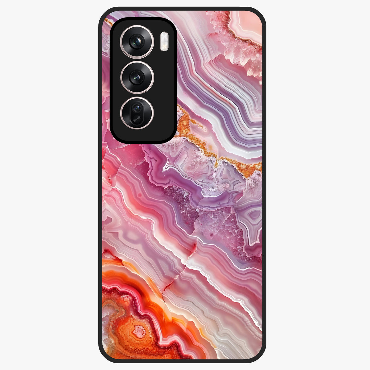 Rose Quartz Marble Glass Case showing flat back view with pink marble quartz texture artwork and glossy glass finish.