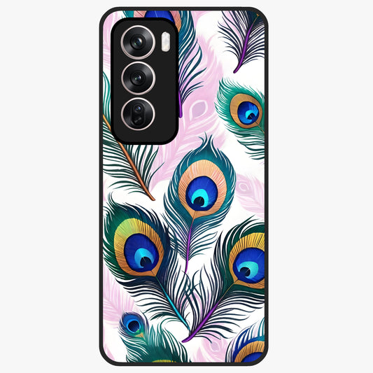 Royal Peacock Feathers Glass Case showing flat back view with colorful peacock feather artwork and glossy glass finish.