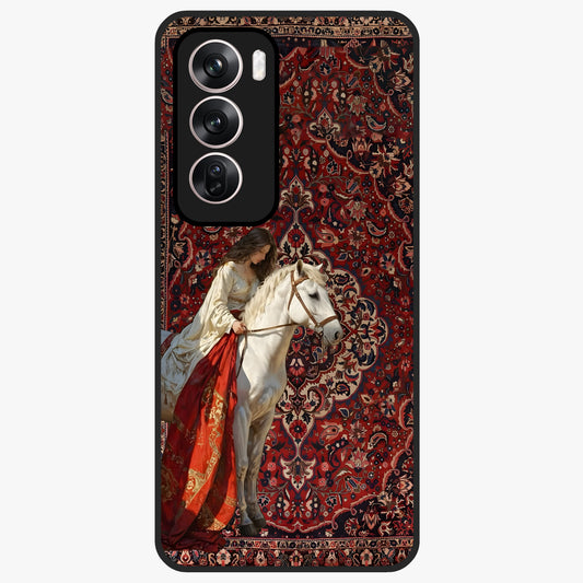 Royal Rider Tapestry Glass Case showing flat back view with majestic horse rider tapestry artwork and glossy glass finish.