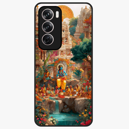 Sacred Sunlight Gods Glass Case showing flat back view with divine sunlight themed artwork and glossy glass finish.