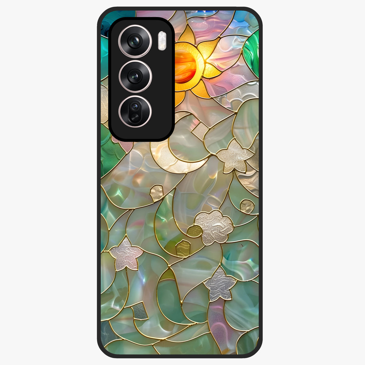 Stained Sunrise Glow Glass Case showing flat back view with glowing sunrise stained pattern artwork and glossy glass finish.