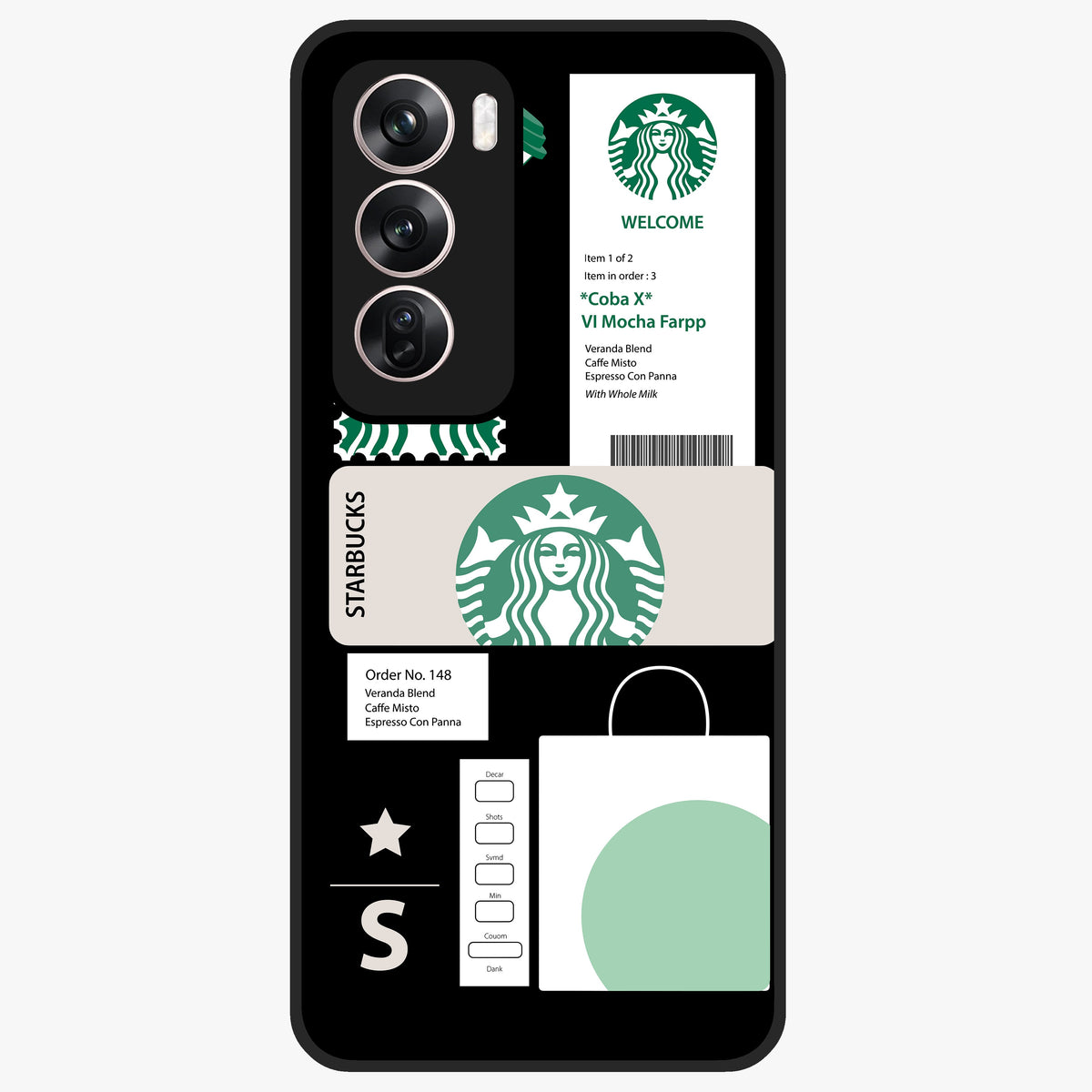 Starbucks Mocha Glass Case showing flat back view with coffee inspired artwork and glossy glass finish.