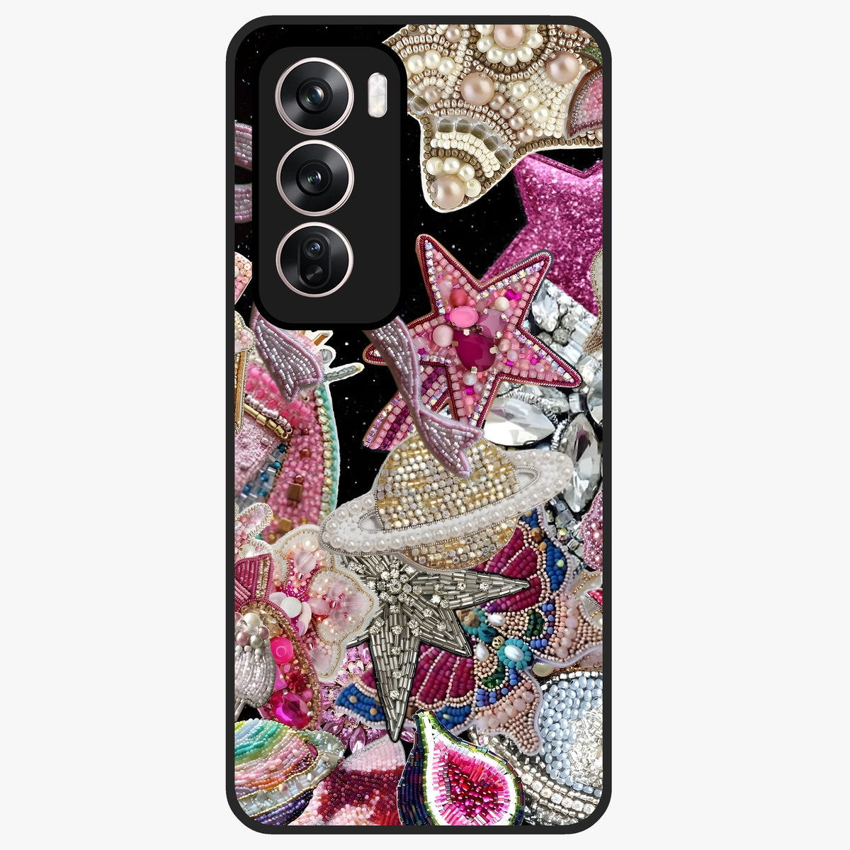 Starlit Jewel Dream Glass Case showing flat back view with sparkling jewel and star themed artwork and glossy glass finish.