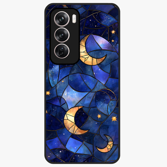 Starlit Sky Tapestry Glass Case showing flat back view with decorative starry sky tapestry artwork and glossy glass finish.