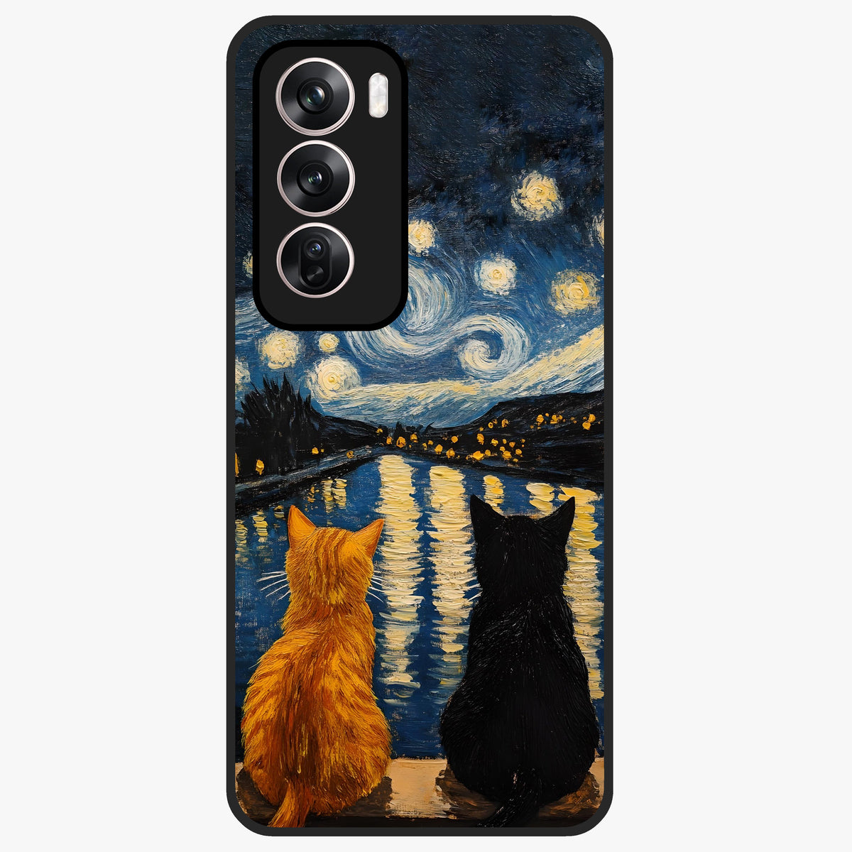 Starry River Cats Glass Case showing flat back view with cats by a starry river artwork and glossy glass finish.