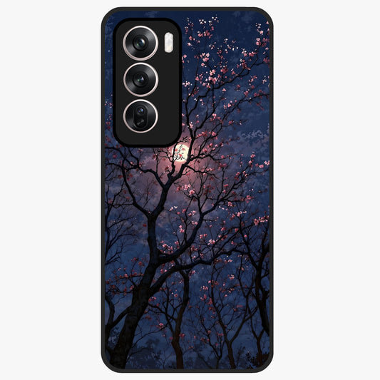 Twilight Sakura Serenade Glass Case showing flat back view with cherry blossom artwork at twilight and glossy glass finish.