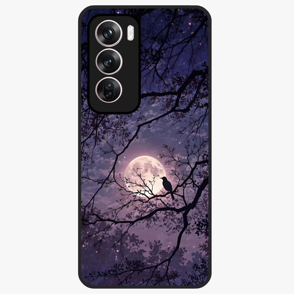 Whispering Moon Silence Glass Case showing flat back view with serene moon themed artwork and glossy glass finish.