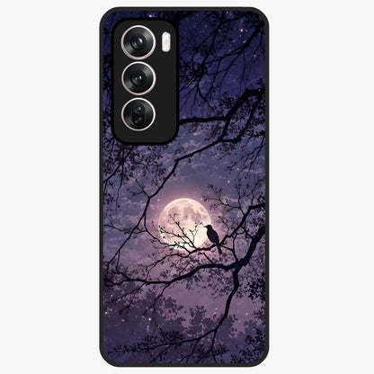 Whispering Moon Silence Glass Case showing flat back view with serene moon themed artwork and glossy glass finish.