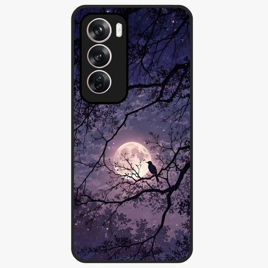 Whispering Moon Silence Glass Case showing flat back view with serene moon themed artwork and glossy glass finish.