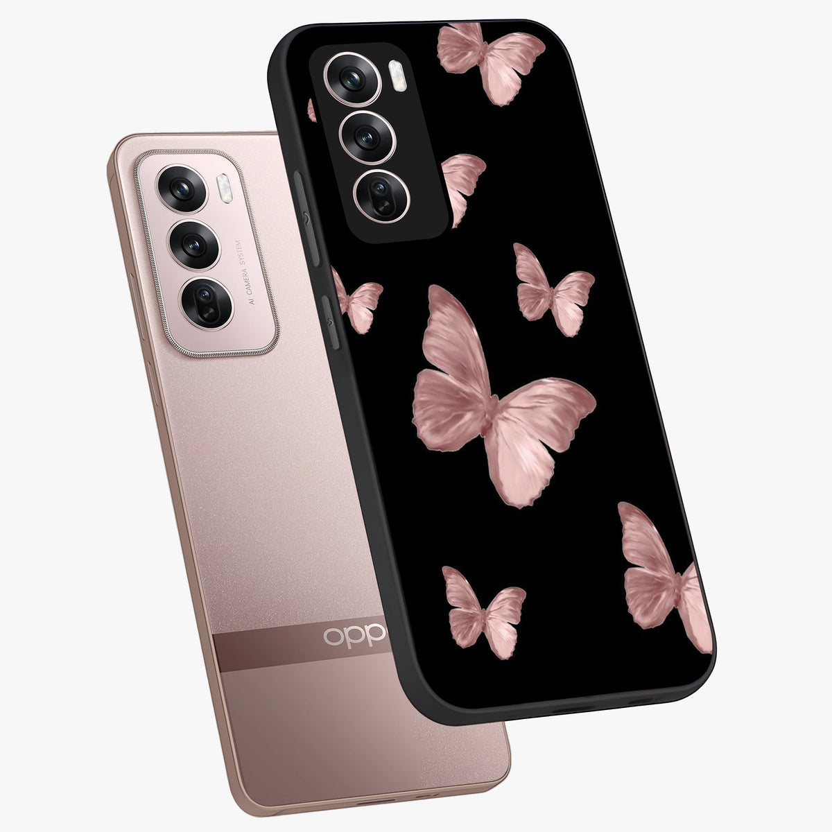 Butterfly Pattern Glass Case displayed in angled mockup highlighting delicate butterfly design and aesthetic pattern style.