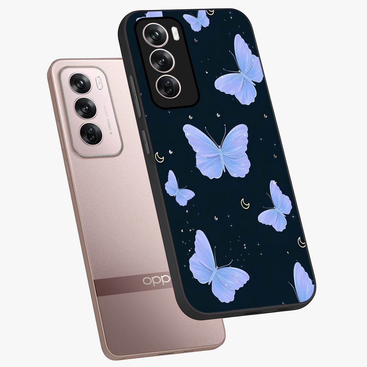 Butterfly With Stars Pattern Glass Case displayed in angled mockup highlighting dreamy butterfly and star design with aesthetic theme.