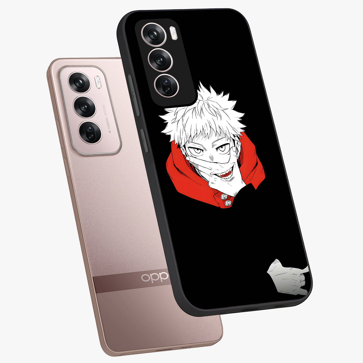 Crimson Chaos Smile Glass Case displayed in angled mockup highlighting edgy crimson smile design with graphic aesthetic.