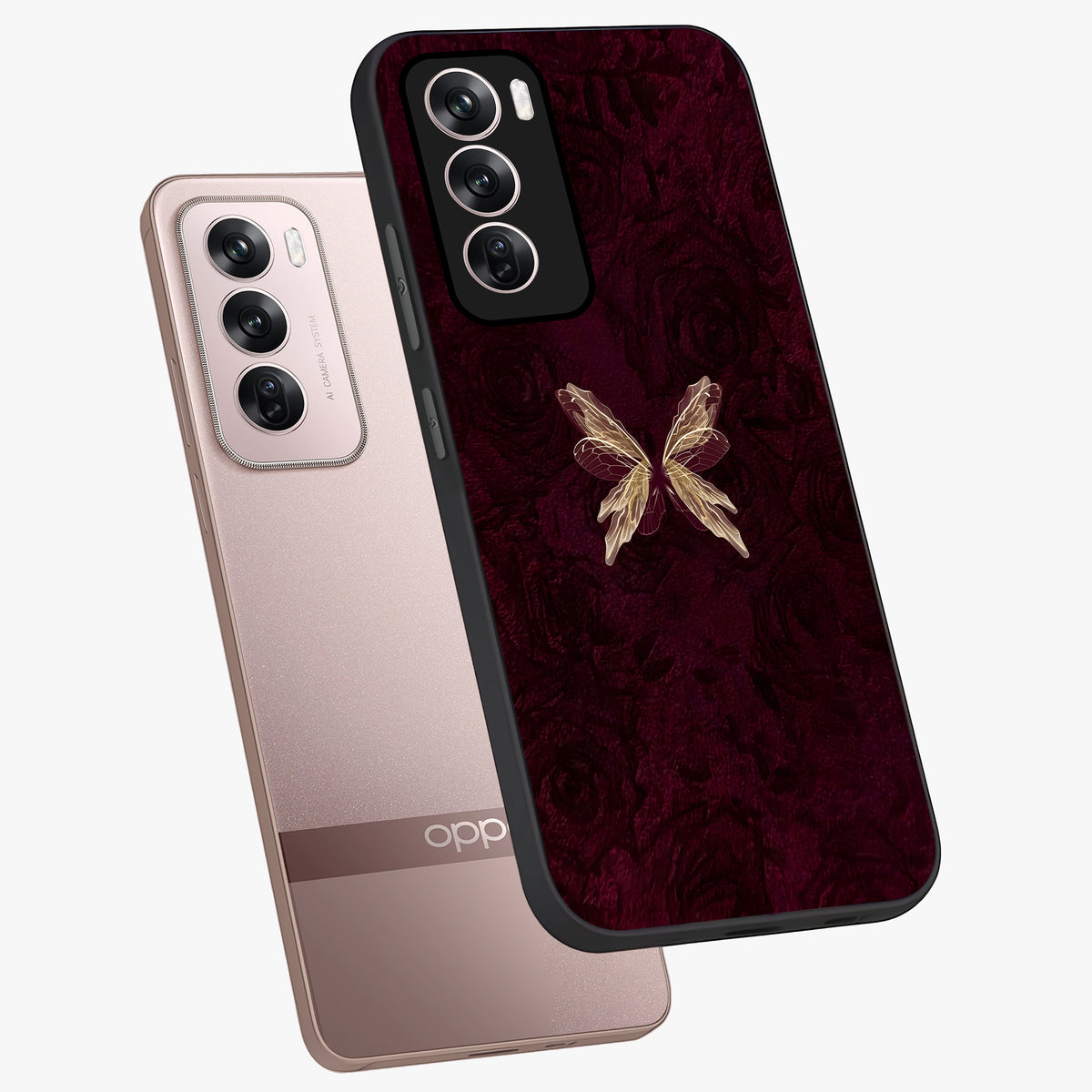 Crimson Fade Butterfly Glass Case displayed in angled mockup highlighting elegant butterfly design with crimson gradient aesthetic.