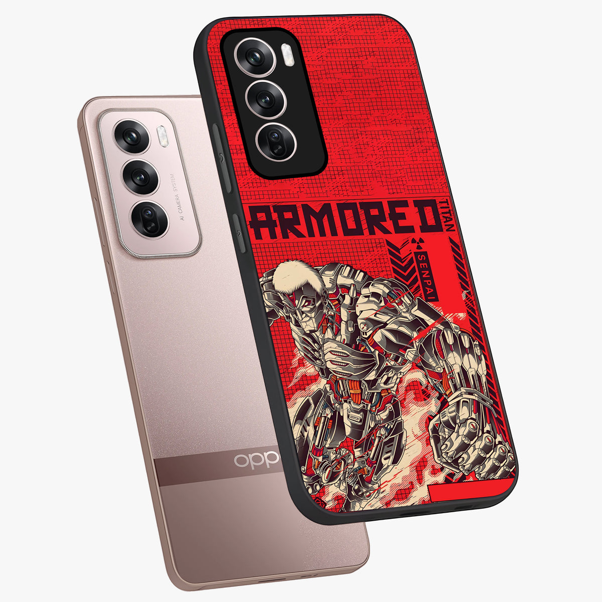 Crimson Mecha Titan Glass Case displayed in angled mockup highlighting futuristic mech illustration with bold crimson aesthetic.