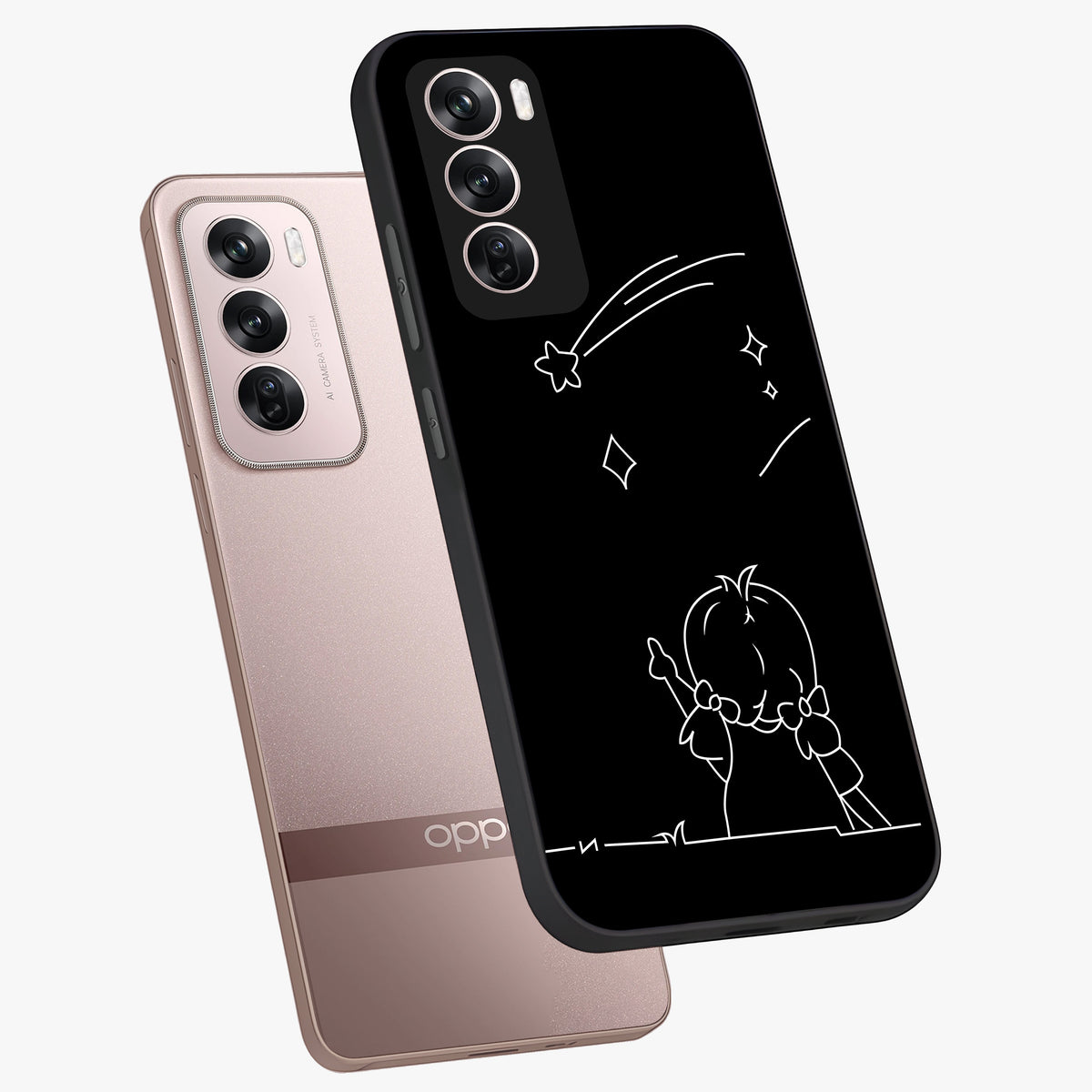 Line Art Girl With Shooting Stars Glass Case displayed in angled mockup highlighting elegant line art design with dreamy star aesthetic.