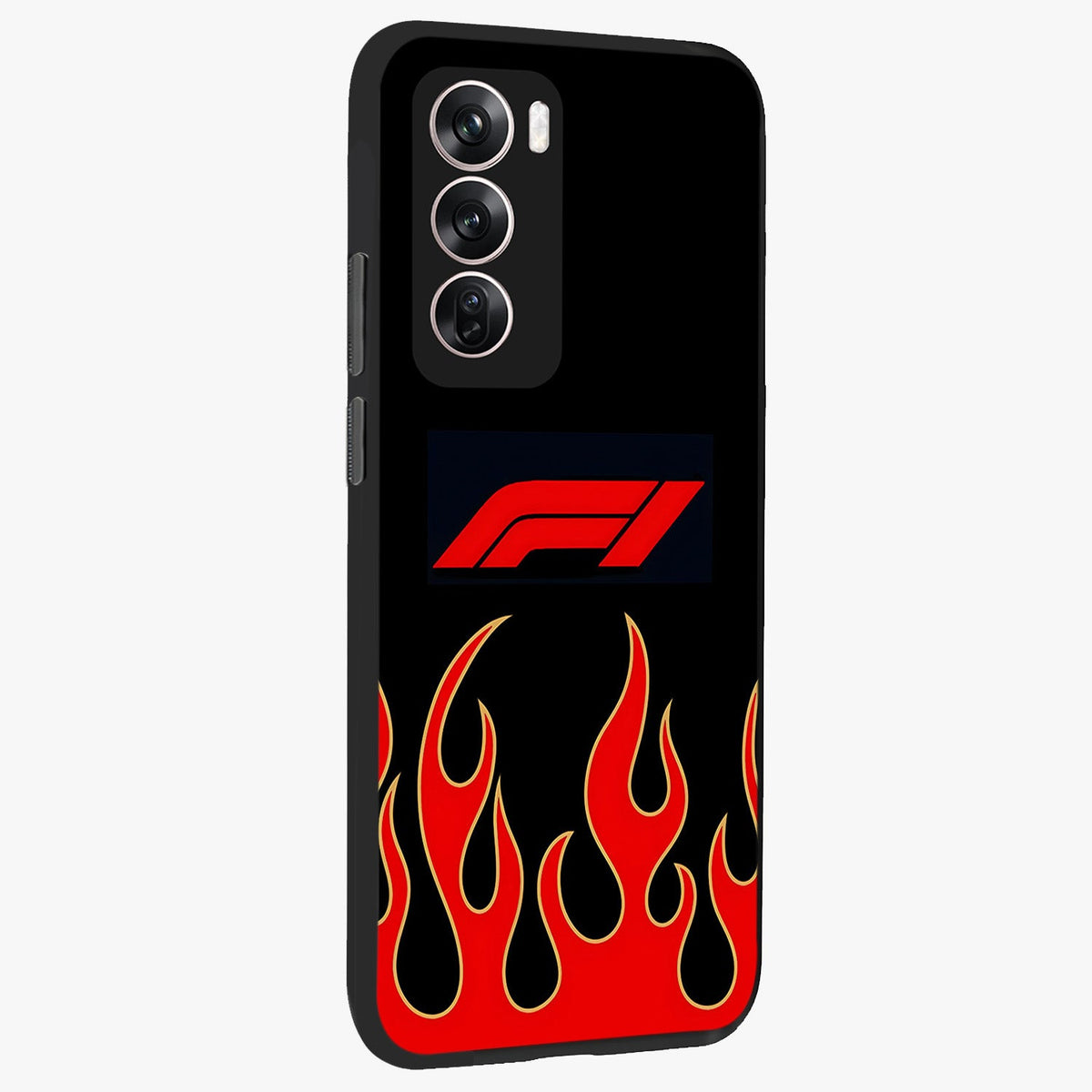 Fire F11 Glass Case upright view showcasing dynamic flame artwork with intense visual theme.