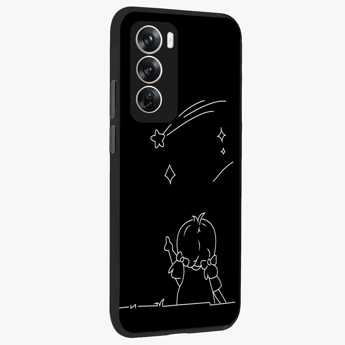 Line Art Girl With Shooting Stars Glass Case upright view showcasing delicate shooting stars artwork with minimal artistic theme.