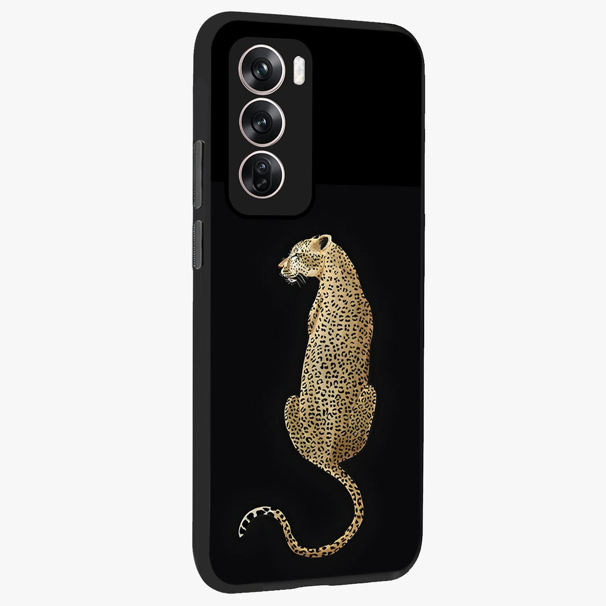 Regal Leopard Glass Case upright view showcasing striking leopard artwork with fierce wildlife theme.