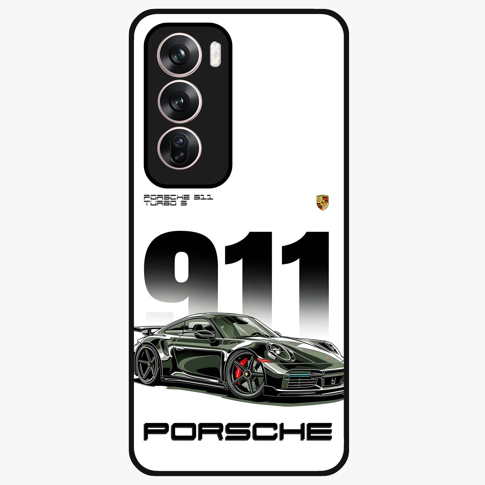 911 Turbo Dominance Glass Case showing clean flat back view with bold 911 sports car artwork and glossy glass finish.
