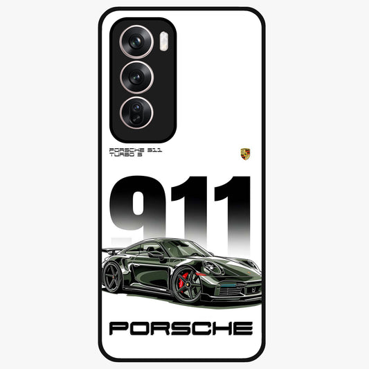 911 Turbo Dominance Glass Case showing clean flat back view with bold 911 sports car artwork and glossy glass finish.