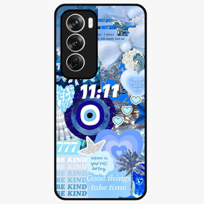 Aesthetic Be Kind Eye Glass Case showing flat back view with motivational eye artwork and glossy glass finish.
