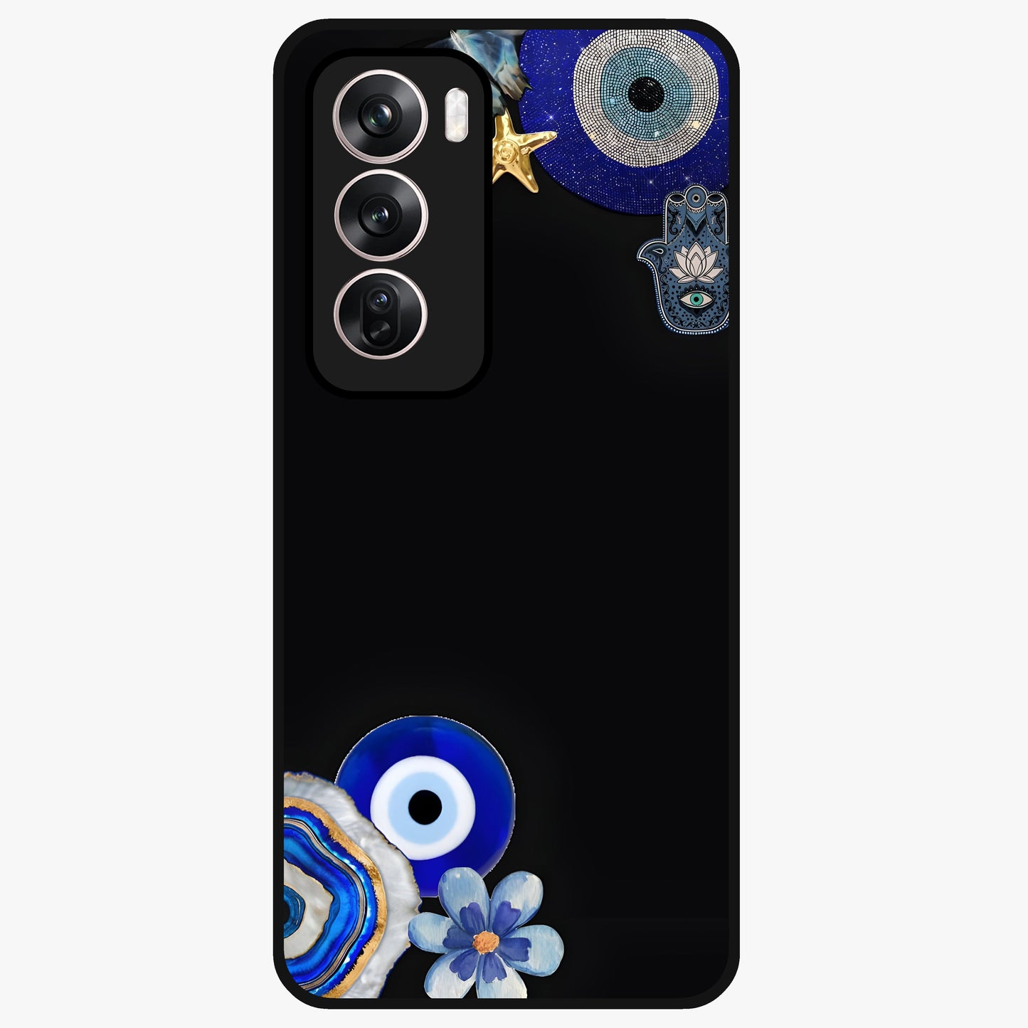 Aesthetic Blue Evil Eye Glass Case showing flat back view with protective evil eye artwork and glossy glass finish.