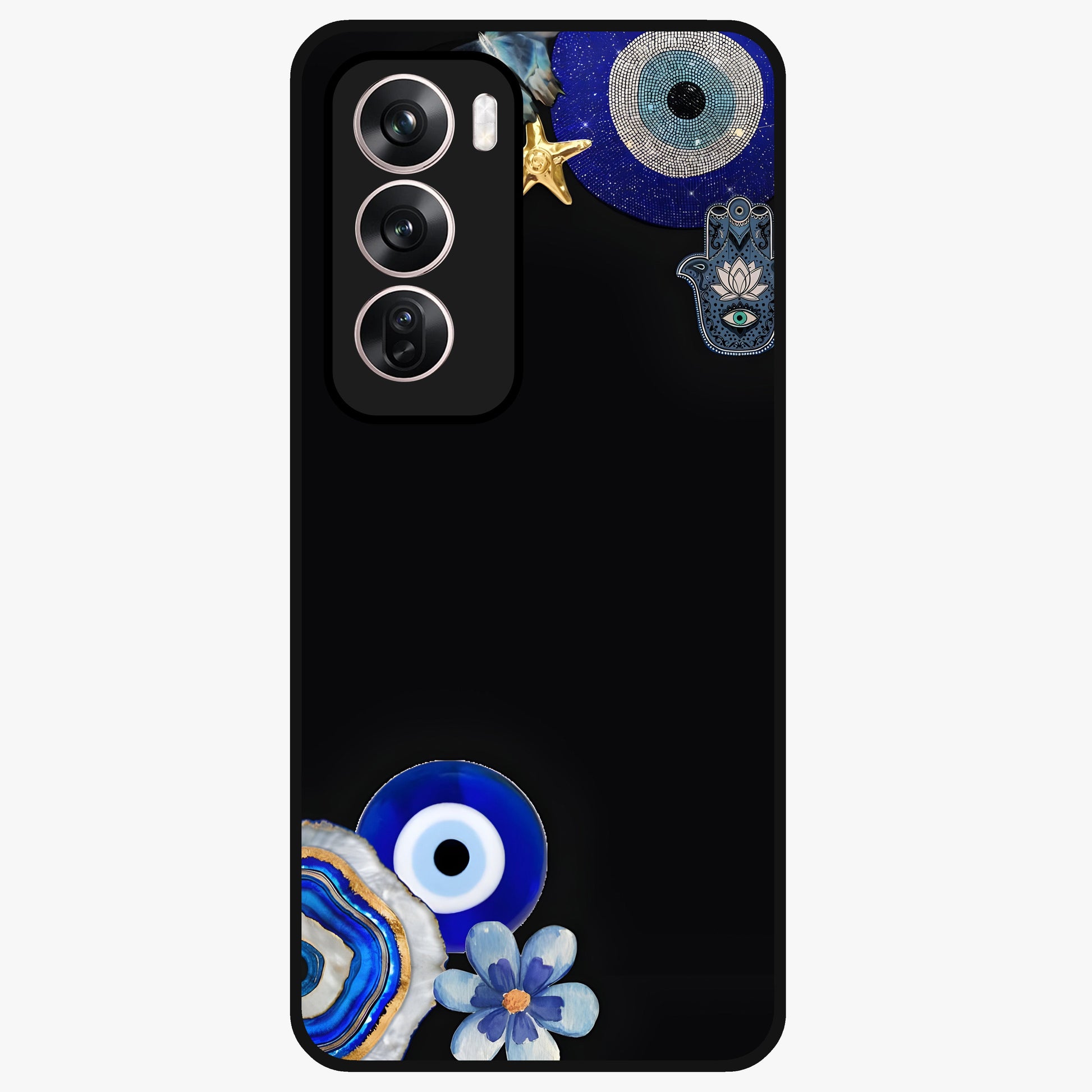 Aesthetic Blue Evil Eye Glass Case showing flat back view with protective evil eye artwork and glossy glass finish.