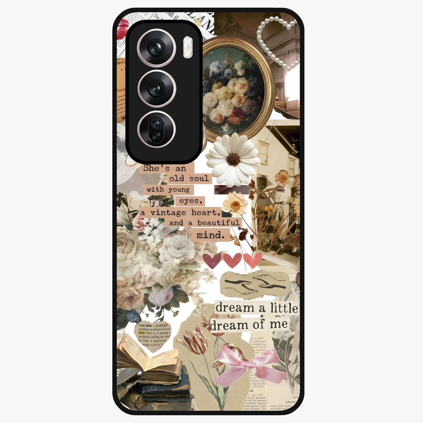 Aesthetic Brown Vintage Collage Glass Case showing flat back view with retro collage artwork and glossy glass finish.