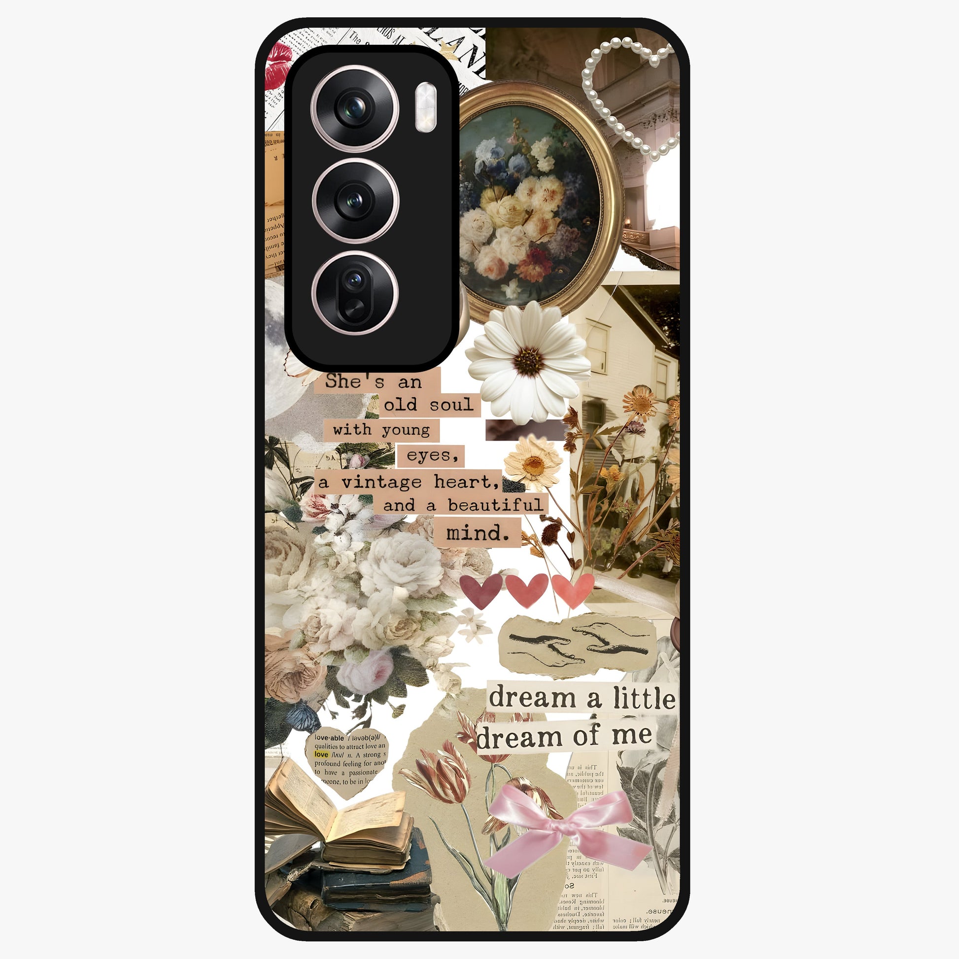 Aesthetic Brown Vintage Collage Glass Case showing flat back view with retro collage artwork and glossy glass finish.