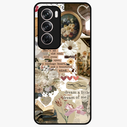 Aesthetic Brown Vintage Collage Glass Case showing flat back view with retro collage artwork and glossy glass finish.
