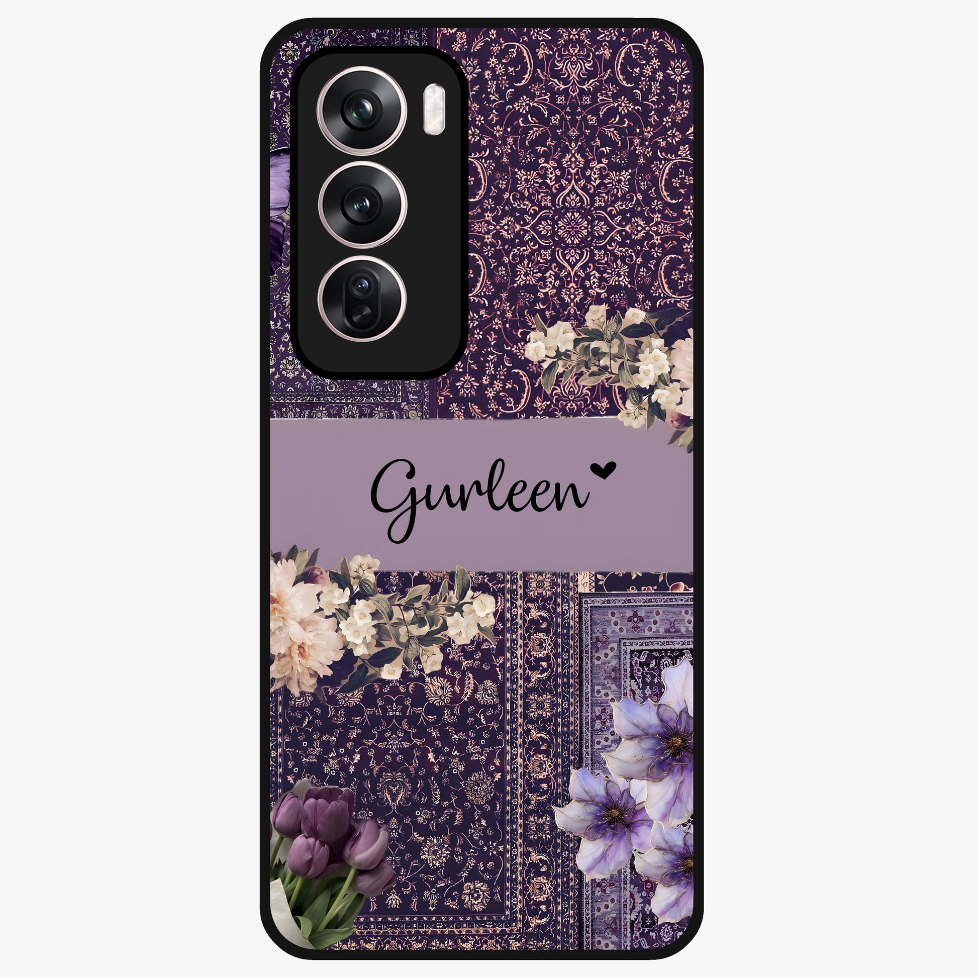 Antique Floral Whisper Custom Name Glass Case showing flat back view with vintage floral artwork and personalized name design.