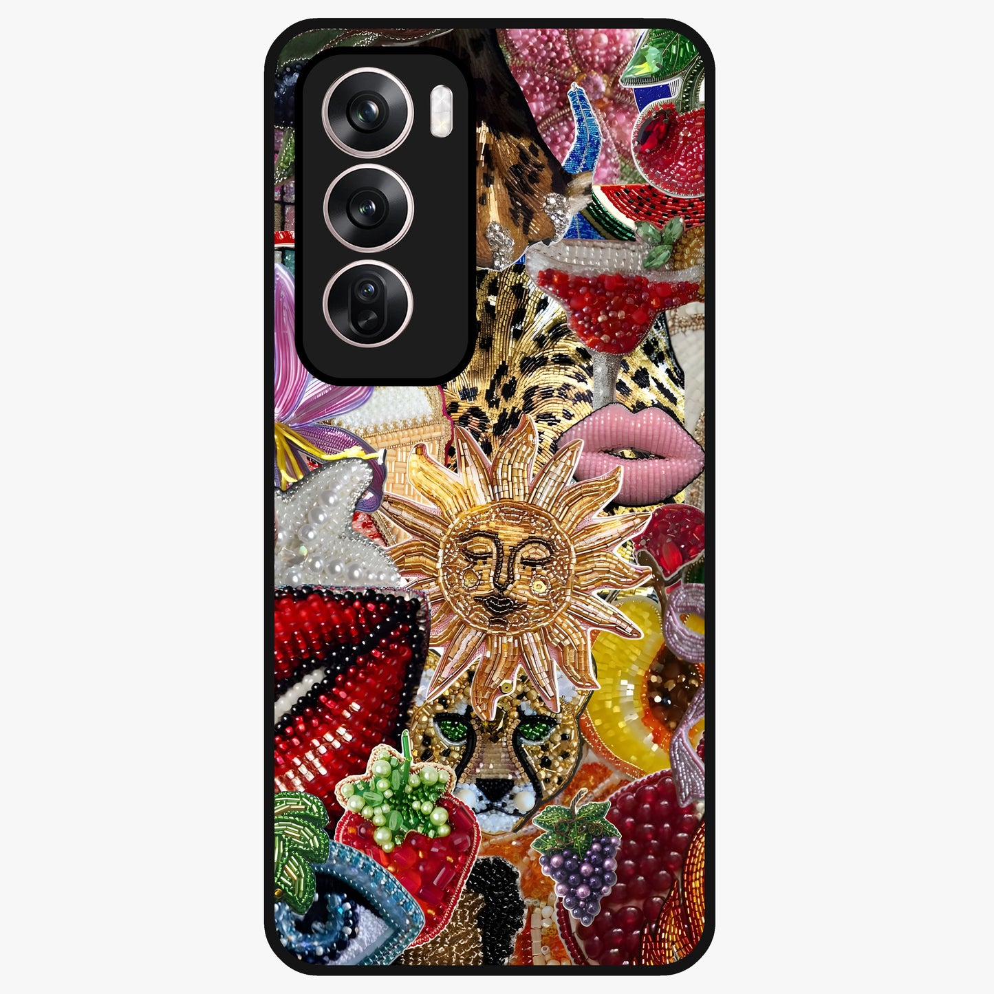 Beaded Fashion Jungle Glass Case showing flat back view with vibrant jungle inspired bead artwork and glossy glass finish.