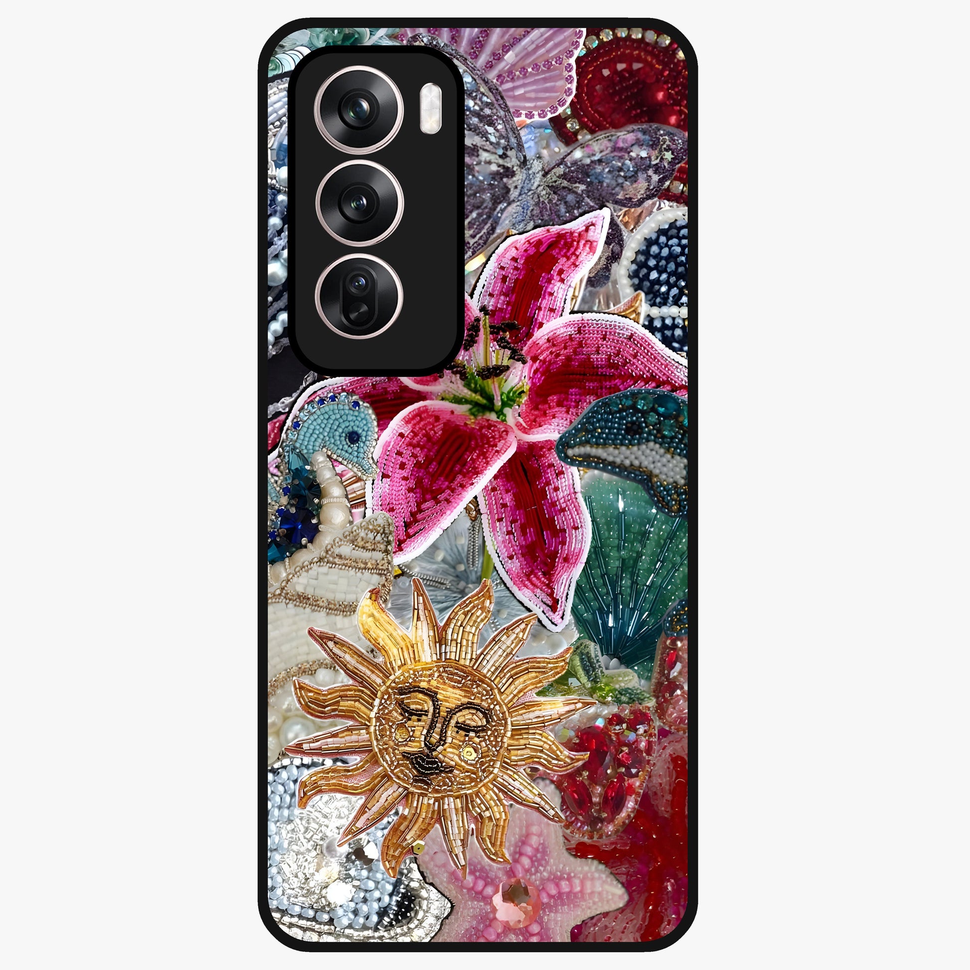 Beaded Garden Fantasy Glass Case showing flat back view with dreamy garden bead artwork and glossy glass finish.