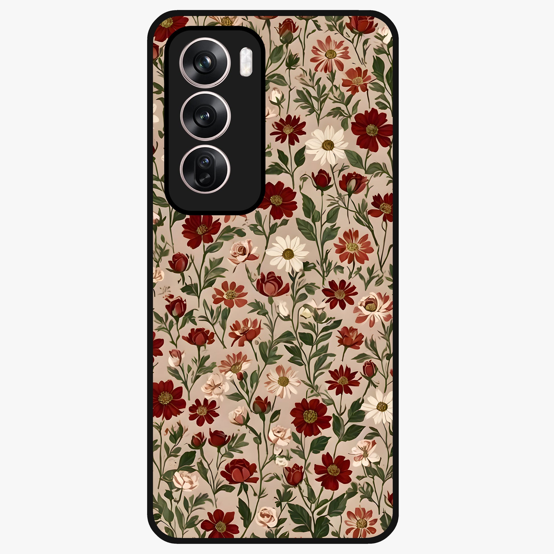 Biege Flower With Leaf Glass Case showing flat back view with soft beige floral artwork and glossy glass finish.