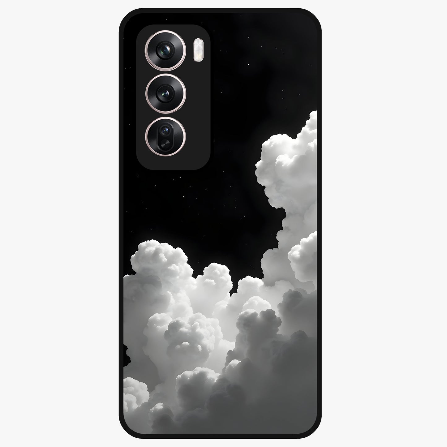 Black Background With White Cloud Glass Case showing flat back view with minimal cloud artwork on dark background and glossy glass finish.
