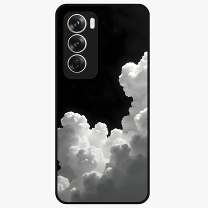 Black Background With White Cloud Glass Case showing flat back view with minimal cloud artwork on dark background and glossy glass finish.