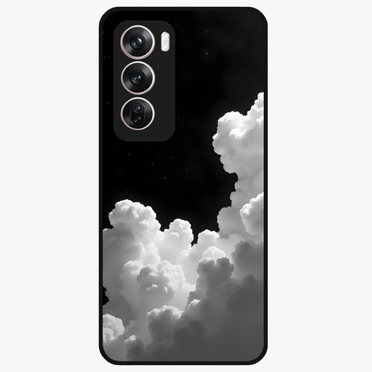 Black Background With White Cloud Glass Case showing flat back view with minimal cloud artwork on dark background and glossy glass finish.