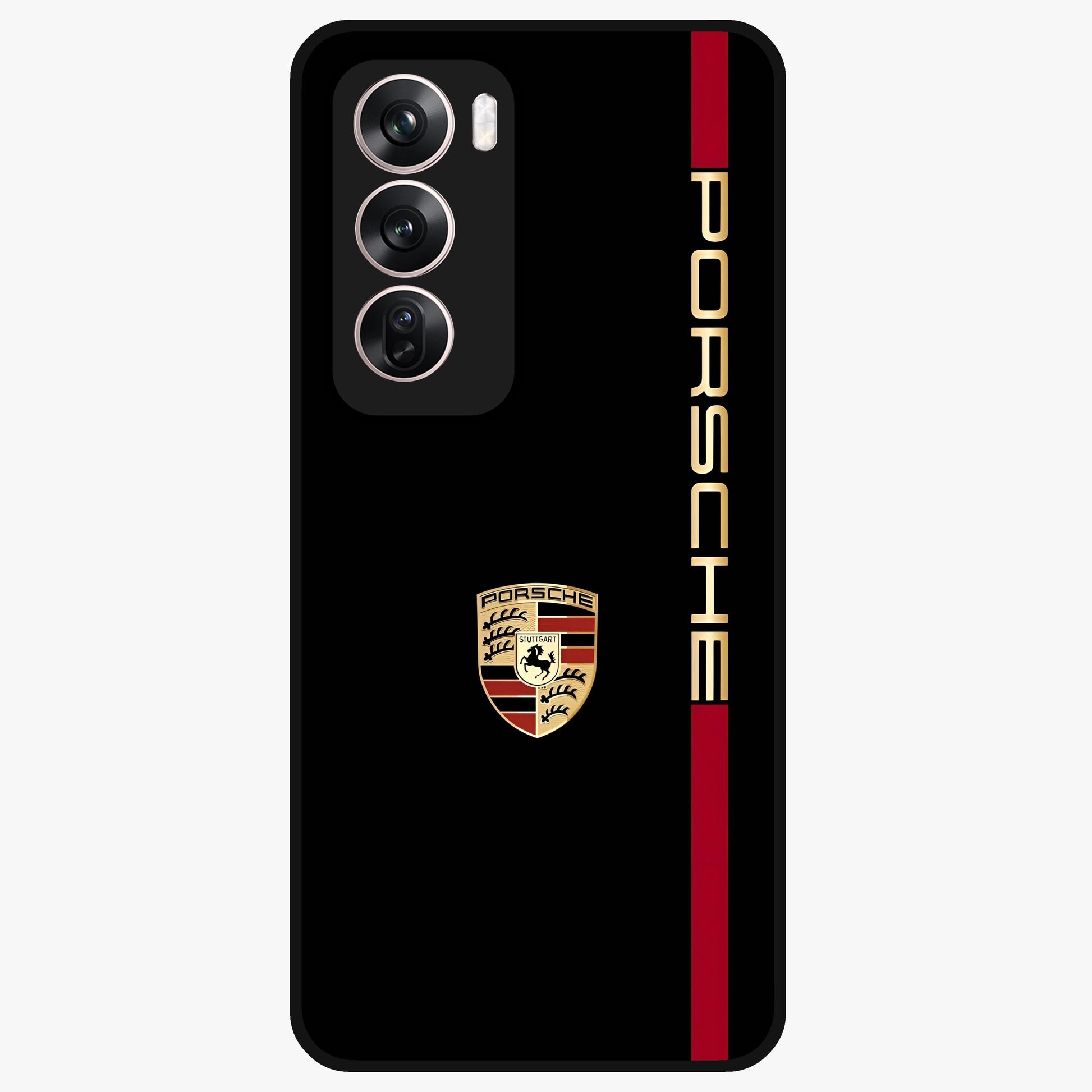 Black Minimal Porsche Glass Case showing flat back view with sleek minimal sports car artwork and glossy glass finish.